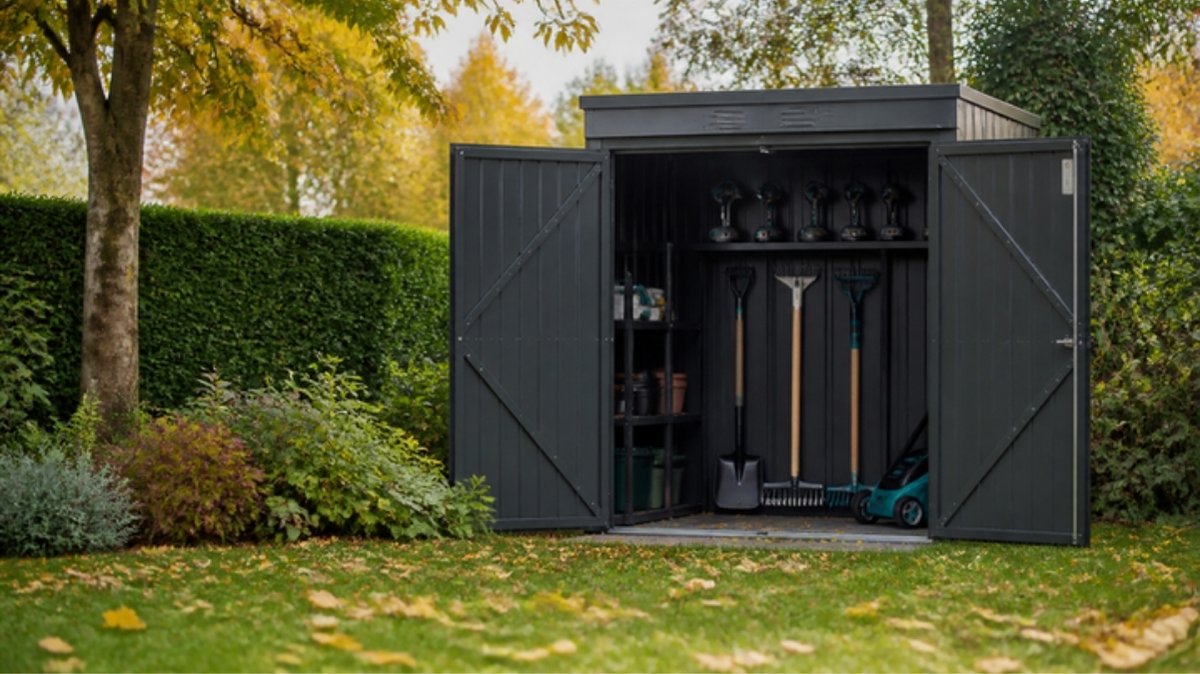 Offenes Gerätehaus aus Metall mit Gartengeräten im Herbstgarten (Symbolbild, KI-generiert)