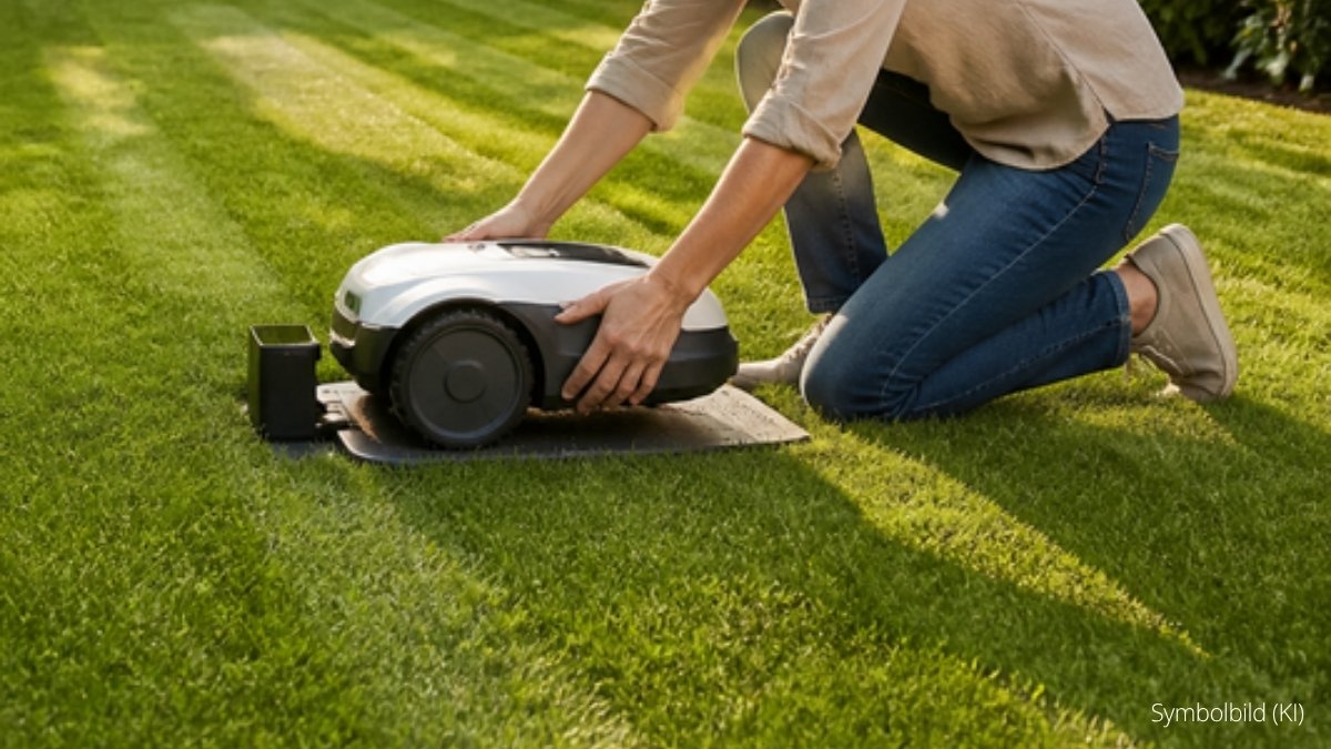 Mähroboter mäht einen gepflegten Rasen im Garten (Symbolbild, KI-generiert)