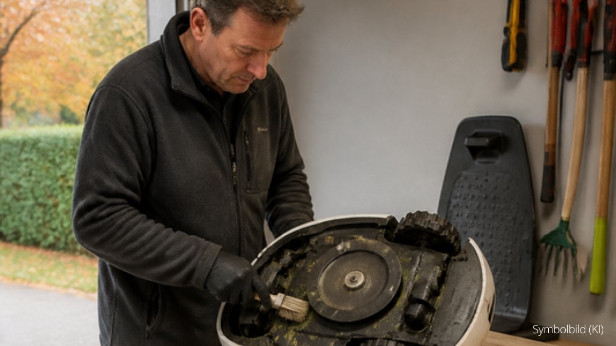 Mann reinigt einen Mähroboter in der Garage (Symbolbild, KI-generiert)