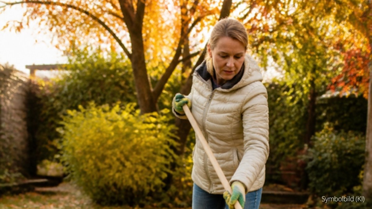 Frau recht Laub vom Rasen im Herbst (Symbolbild, KI-generiert)